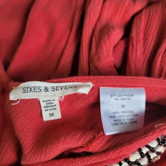 Sixes & Sevens Coral Orange Pink Beaded Embroidered Blouse Viscose Top V-Neck M - Picture 2 of 10